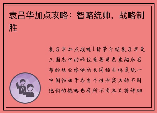 袁吕华加点攻略：智略统帅，战略制胜