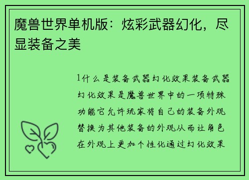 魔兽世界单机版：炫彩武器幻化，尽显装备之美